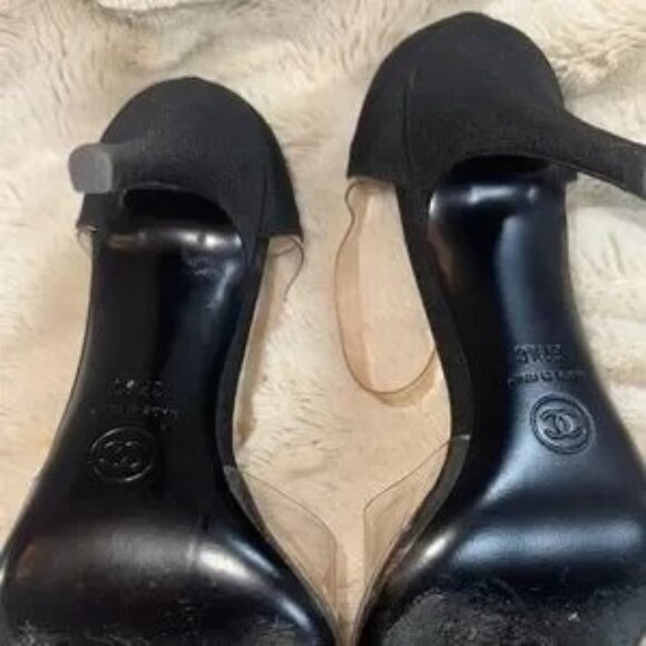 CHANEL Black & Transparent Ankle Strap Heels Size 37.5/ US 7 Made In Italy - Picture 11 of 14